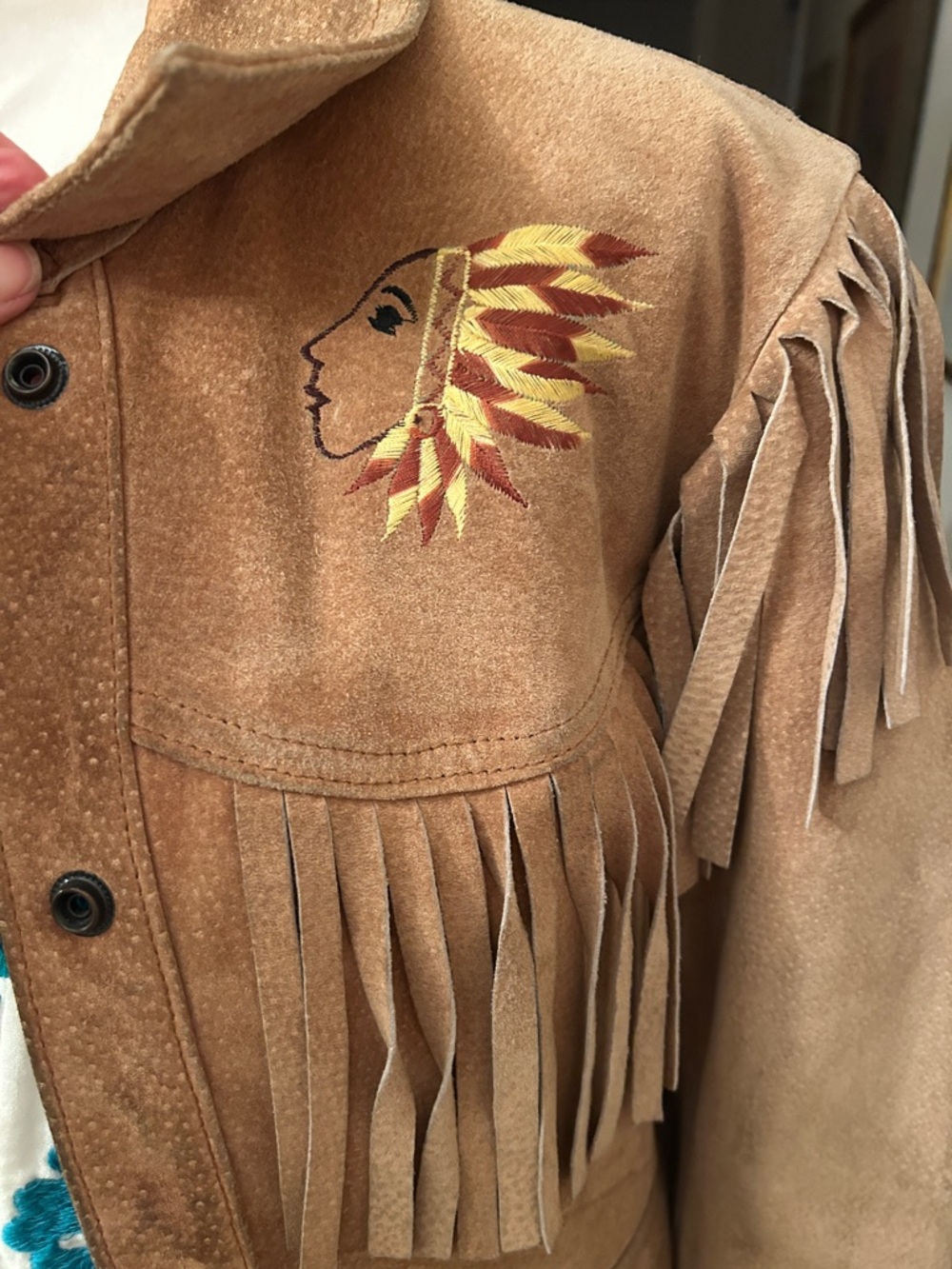 RARE! AUTHENTIC 70s sz 4-6 TAN Fringed PIG Suede Western Jacket With embroidery - Picture 3 of 10